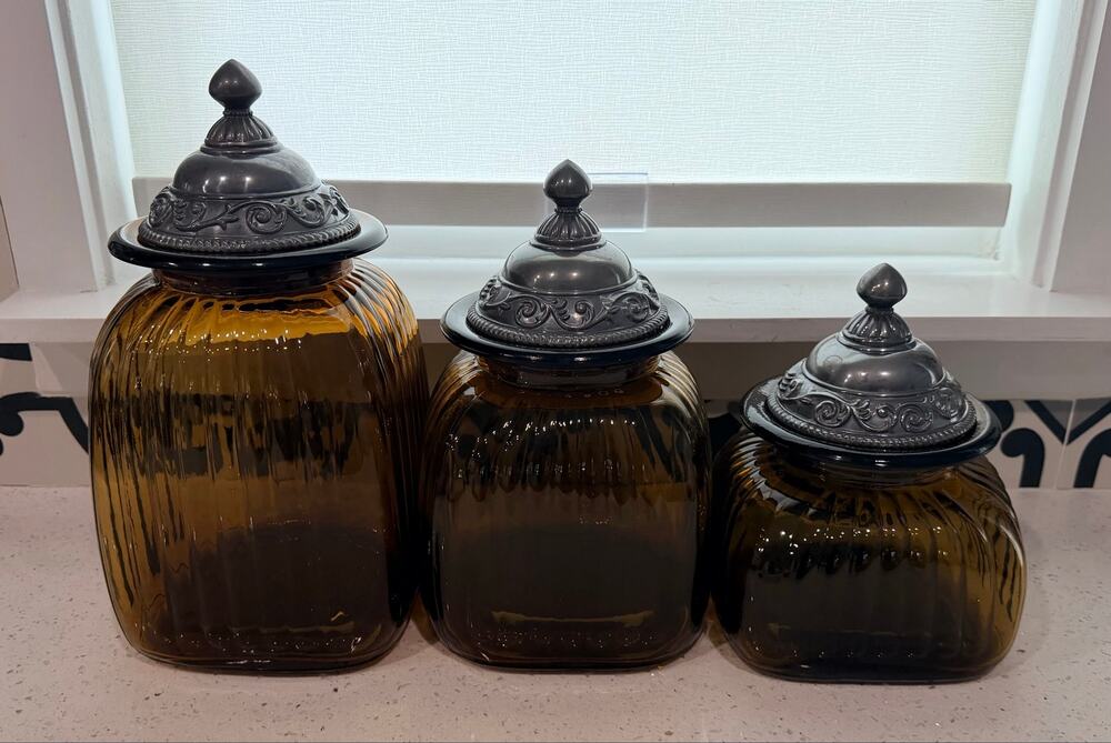 Set of 3 Artland Apothecary Amber Ribbed  Jar Canister w/ Pewter Lids